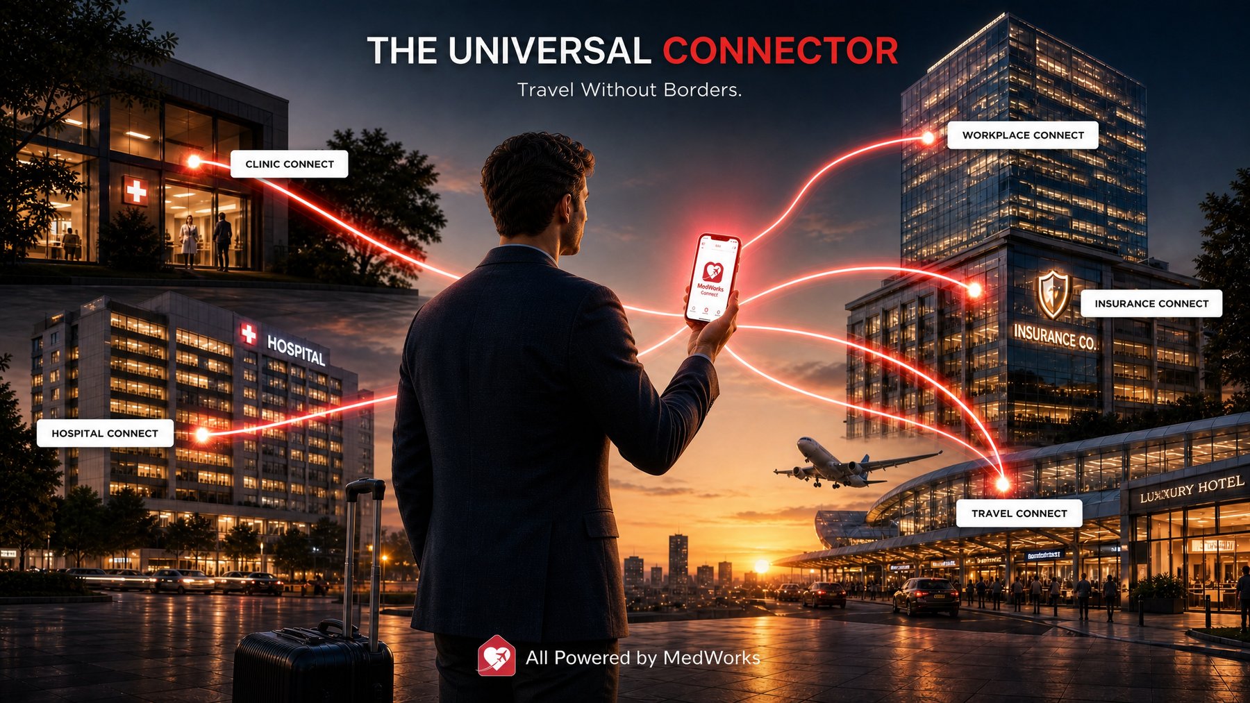 The Universal Connector — MedWorks Connect linking clinics, hospitals, workplaces, insurance and travel